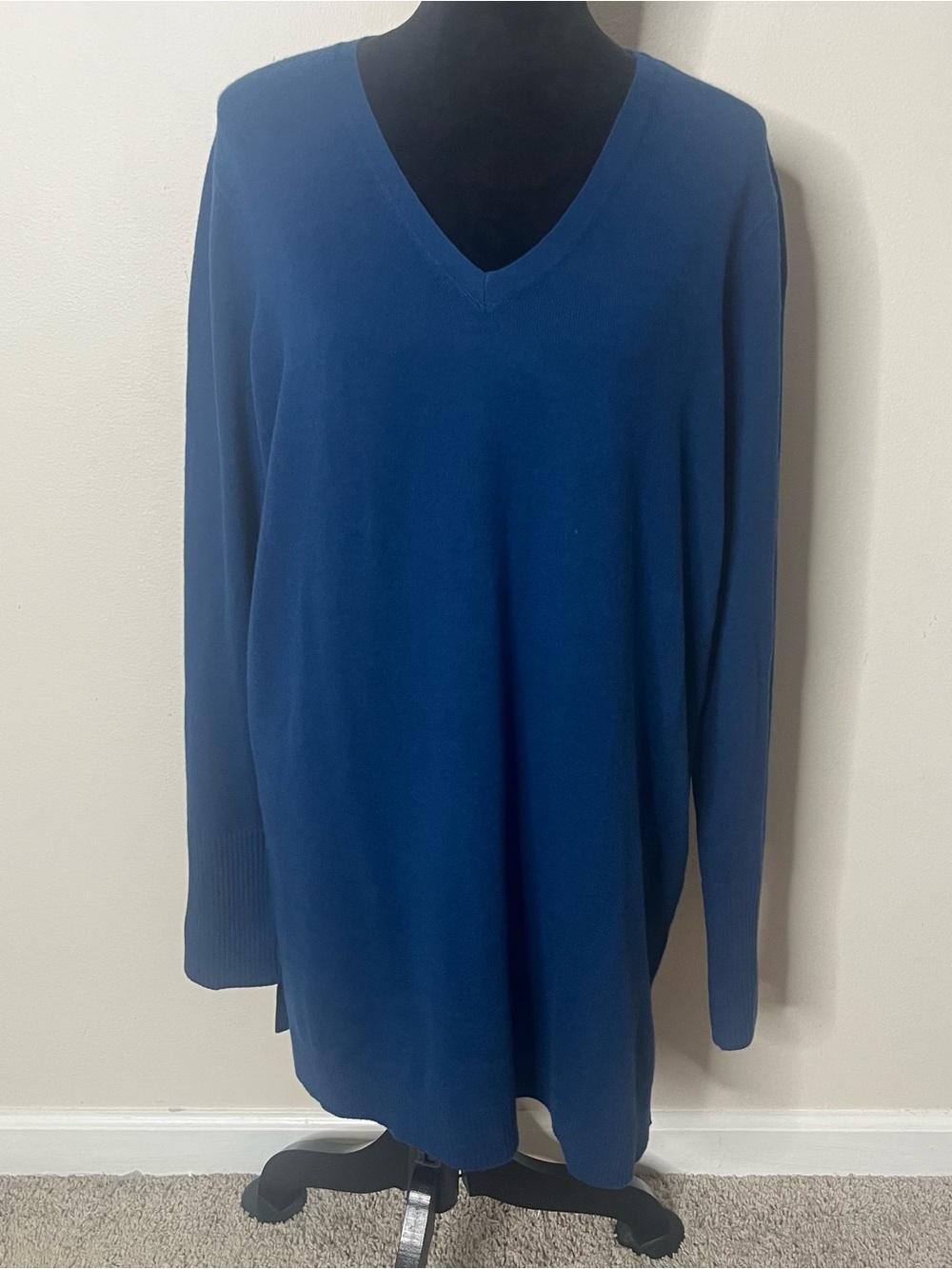 J. Jill Women’s Blue V~Neck Long Sleeve‎ Cotton Blend Knit Tunic Sweater LP~NWT